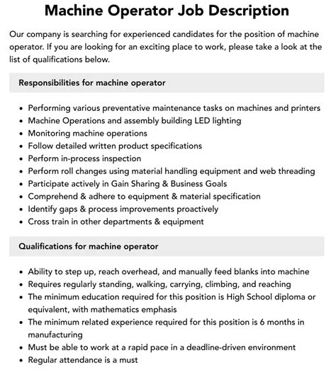 sheet metal machine operator job description|machine operator supervisor job description.